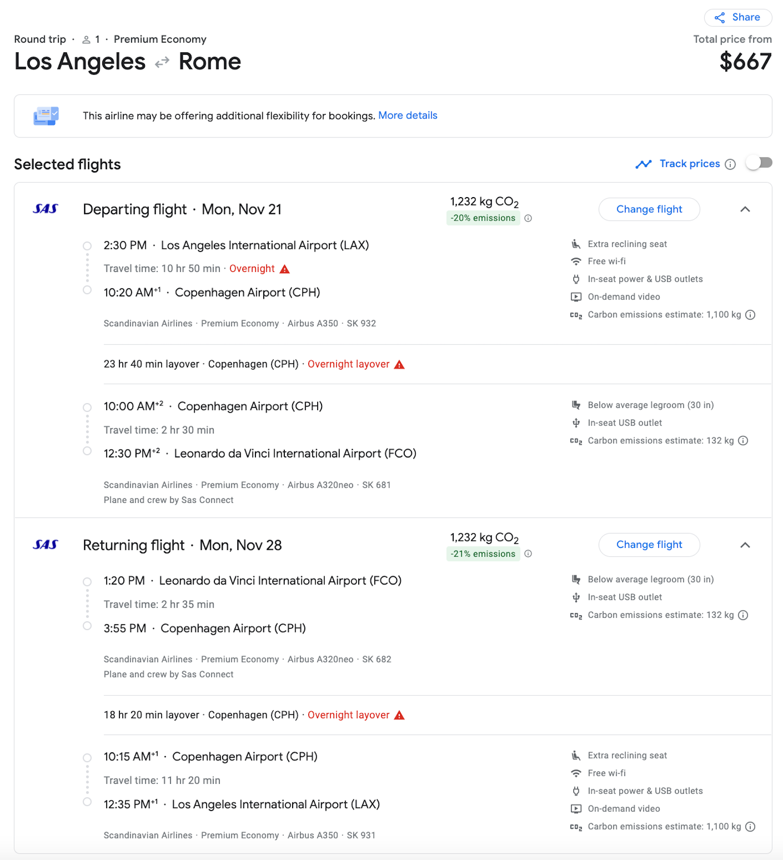 LAX to FCO booking screenshot