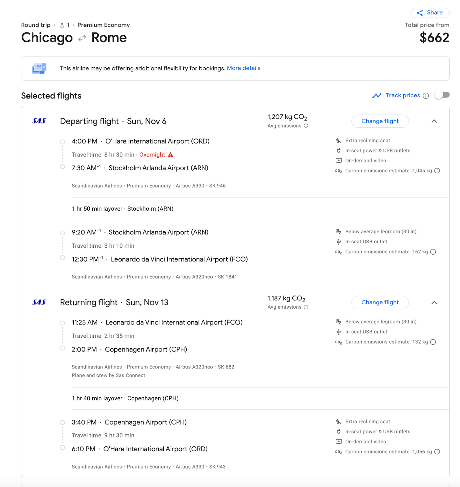 ORD to FCO booking screenshot