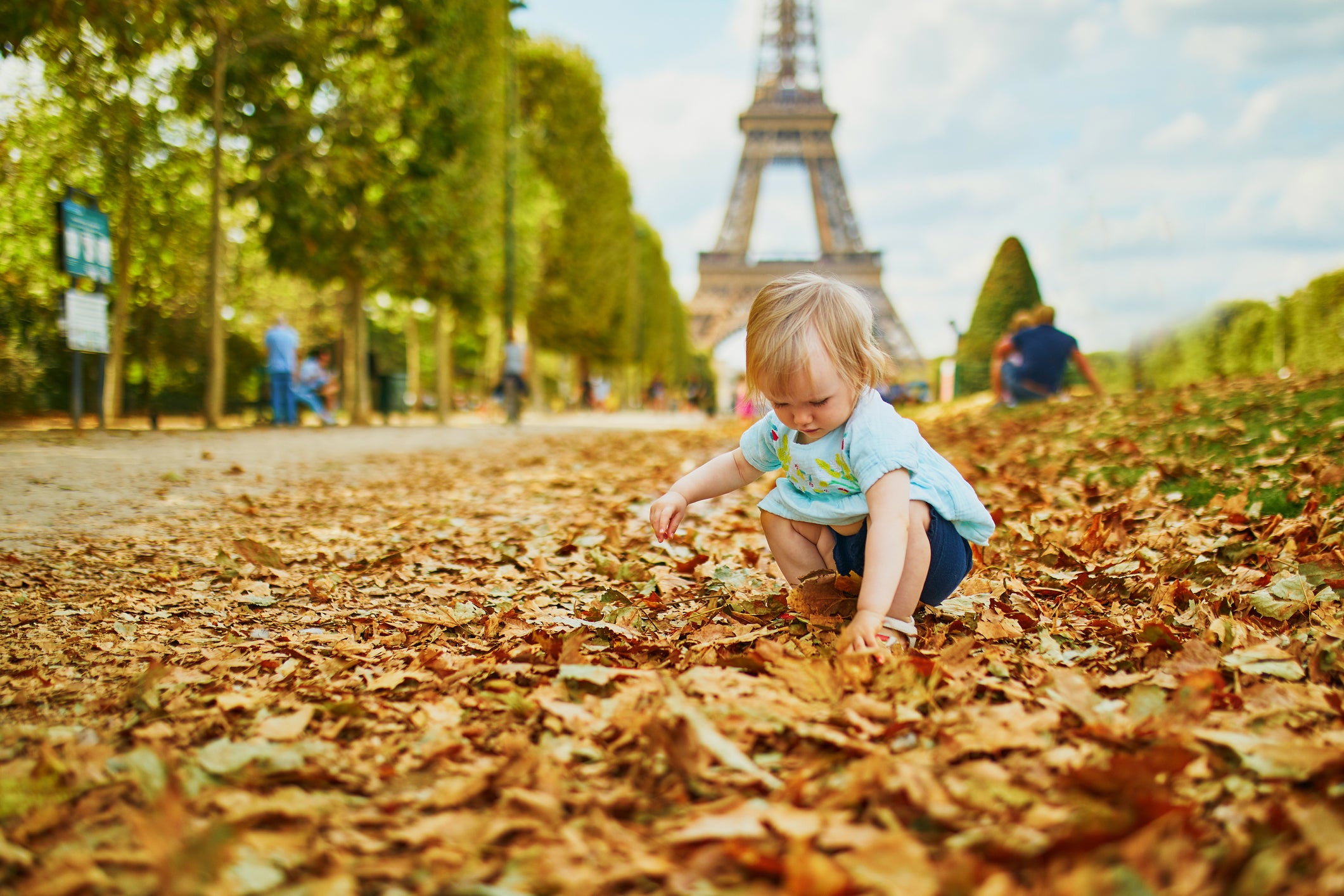 child plays in leaves near Eiffel Tower
