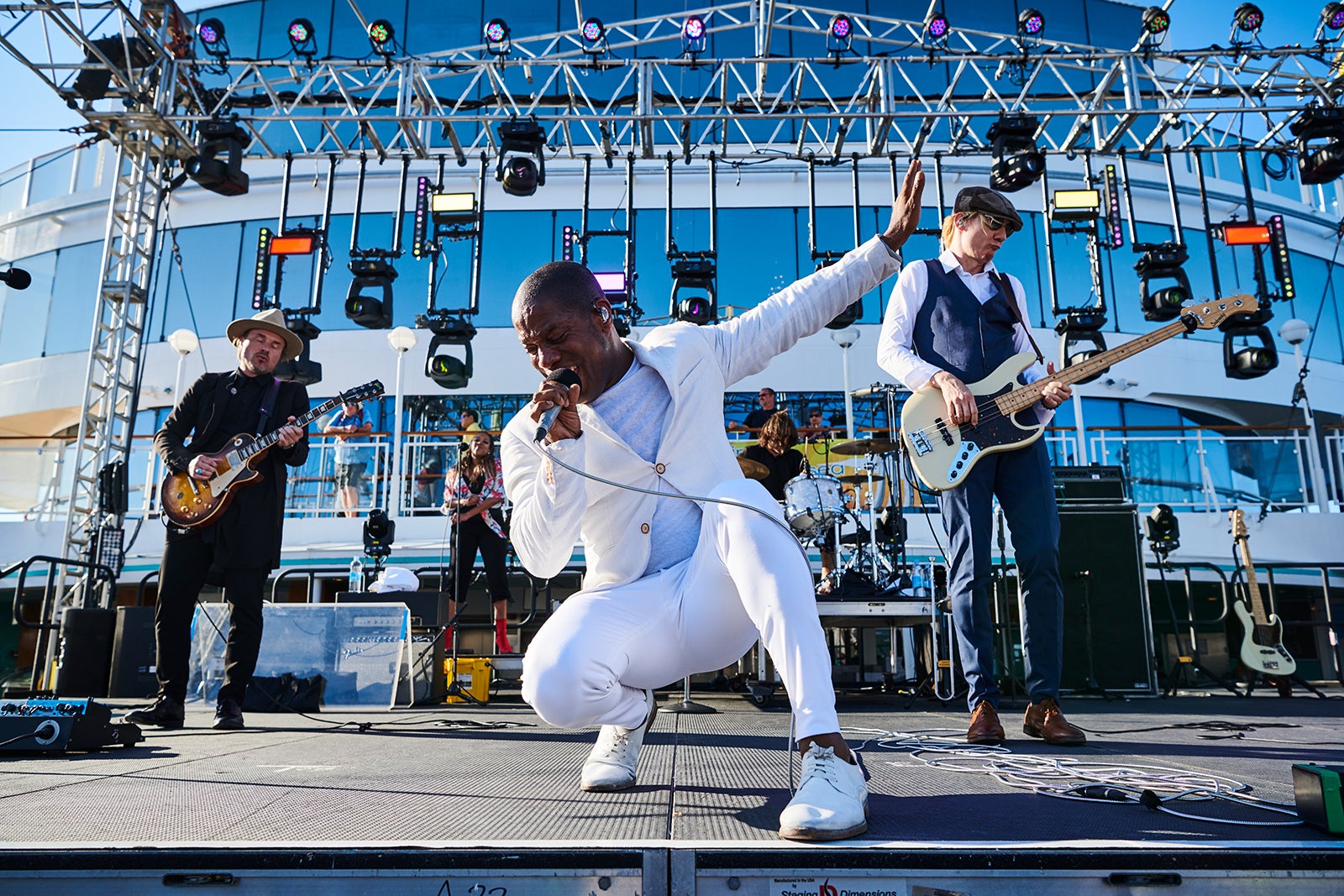 MEDITERRANEAN SEA - AUGUST 18: (L-R) Nalle Colt, Ty Taylor and Rick Barrio Dill of American R&amp;B group Vintage Trouble performing live on stage during the Keeping The Blues Alive At Sea event on board the Norwegian Pearl cruise ship in the Mediterranean, on August 18, 2019.