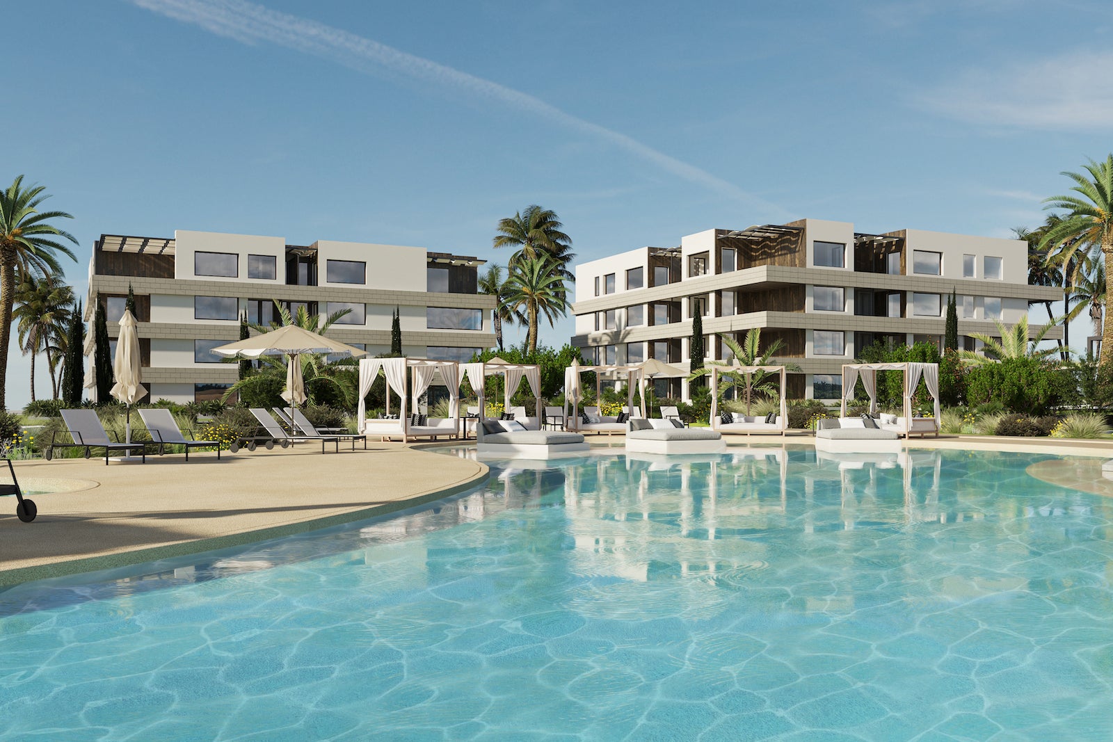 rendering of resort with pool and cabanas