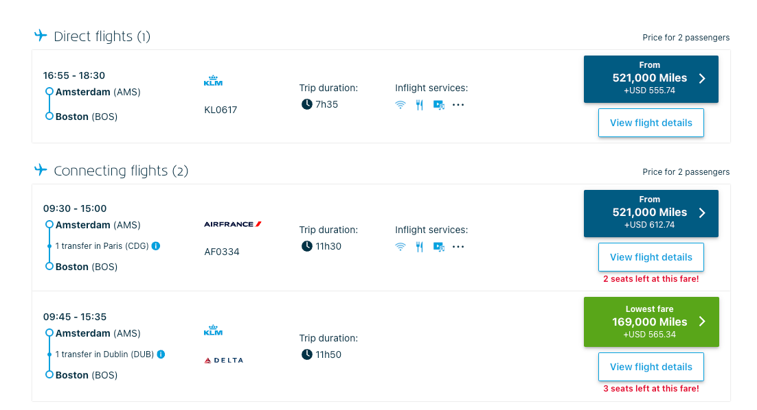 Screenshot of airline prices using miles