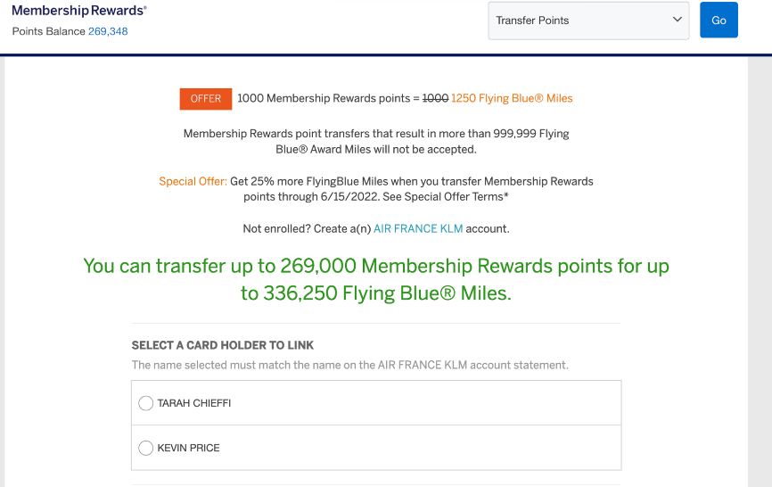 Screenshot of American Express points transfer