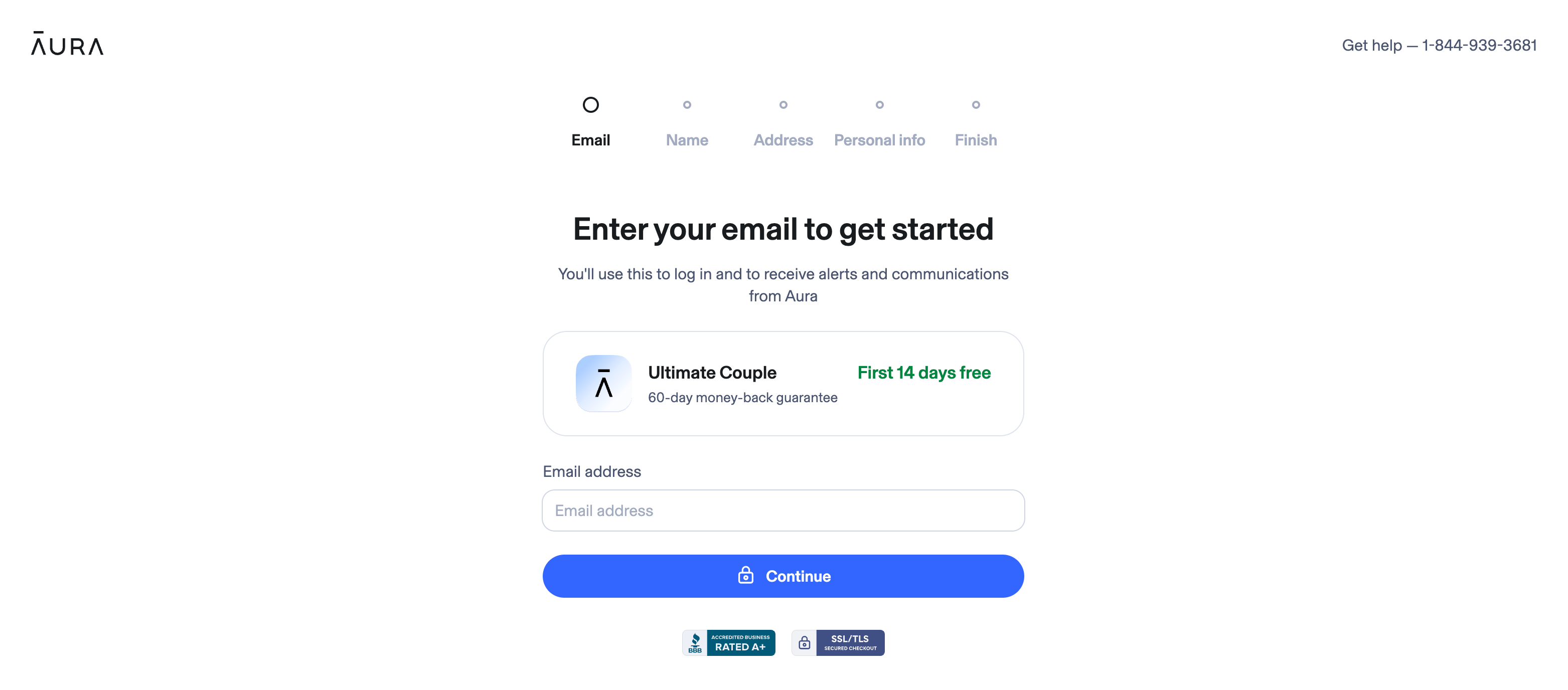 Initial account registration page for Aura, an online safety app
