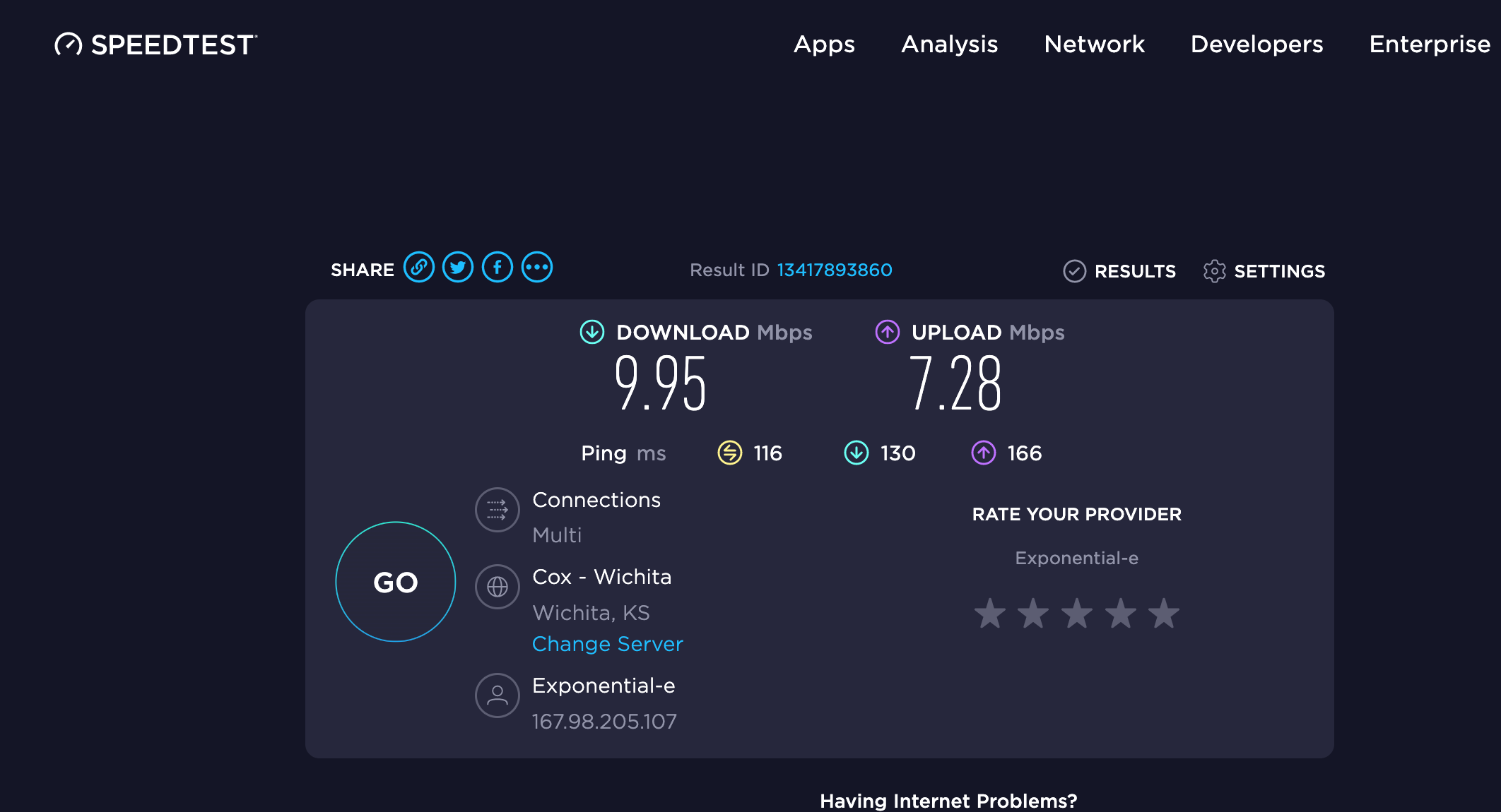Internet speed test. (Screenshot courtesy Ookla)