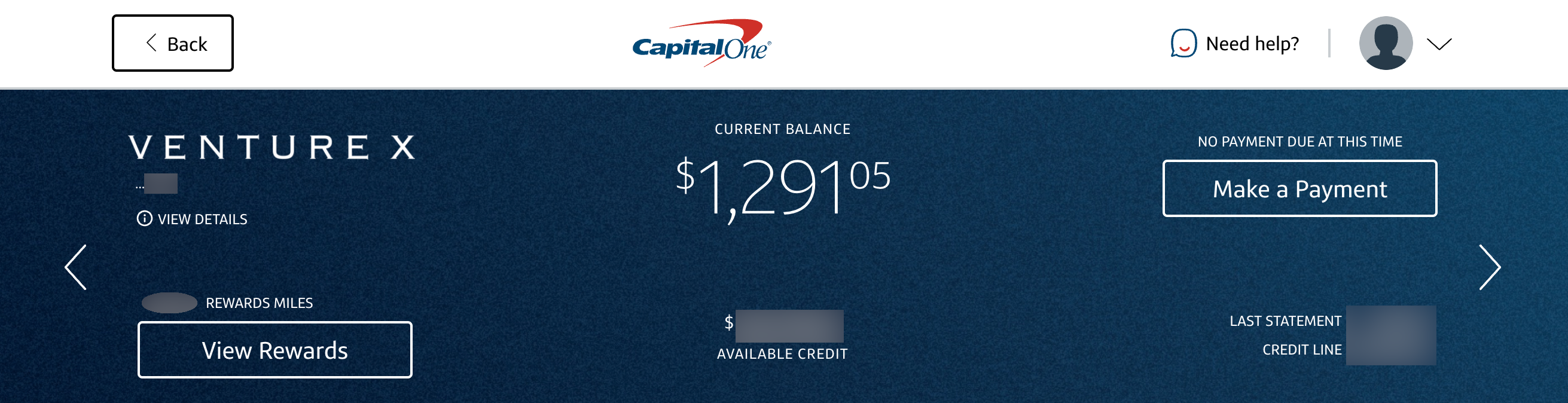 Online account summary for the Capital One Venture X