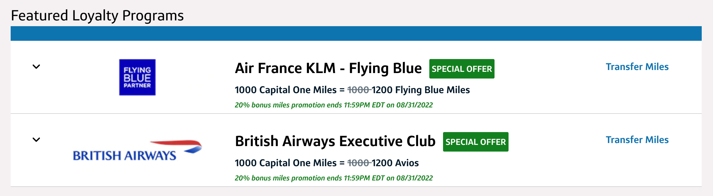 Transfer bonuses for Capital One to Flying Blue and British Airways Avios in August 2022