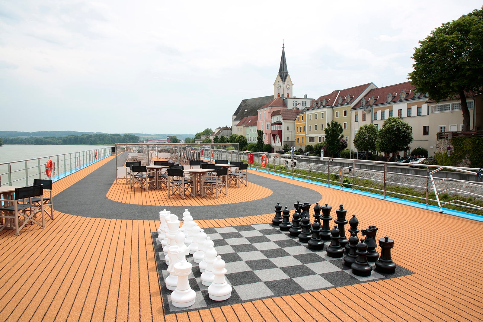 Giant chess set and seating area on AmaLea river ship's top deck