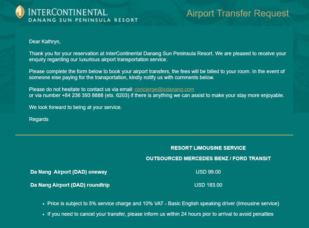 Transfer options for the InterContinental Danang Sun Peninsula Resort