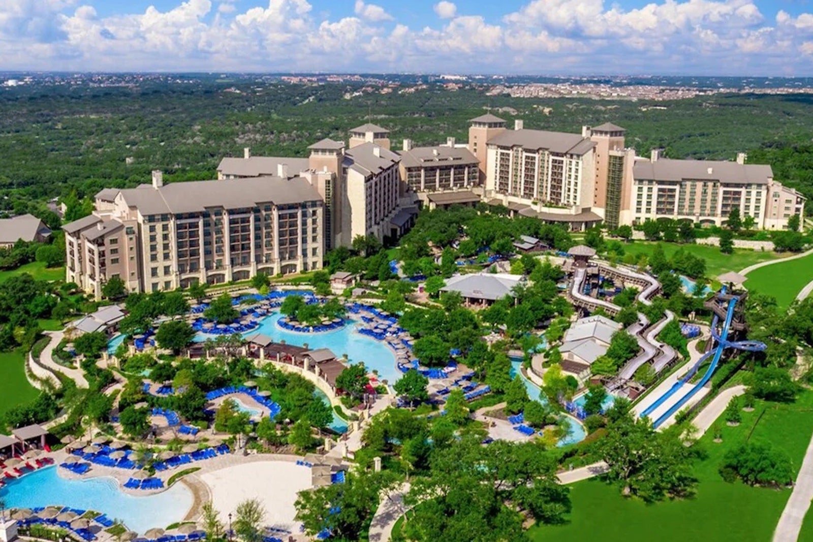 aerial photo of hotel with water park