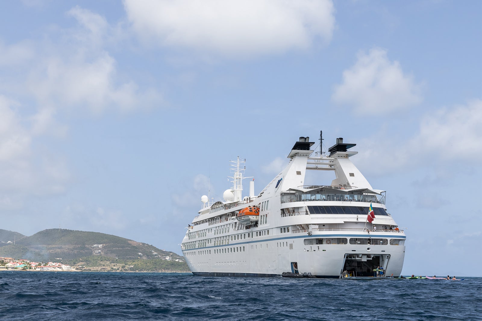 Star Breeze cruise ship with water sports platform deployed.