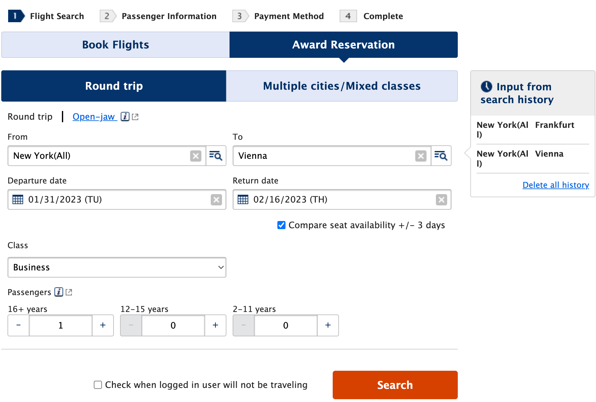 Screenshot of award booking availability JFK-VIE by ANA