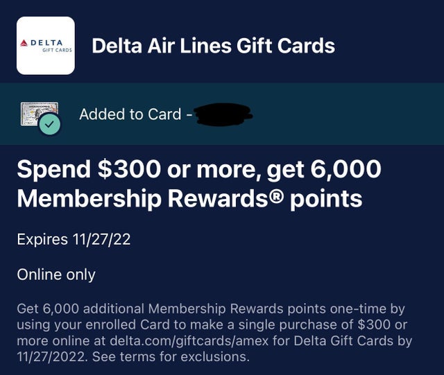 Amex Offer 6 000 Amex Points With A 300 Delta Gift Card The Points Guy