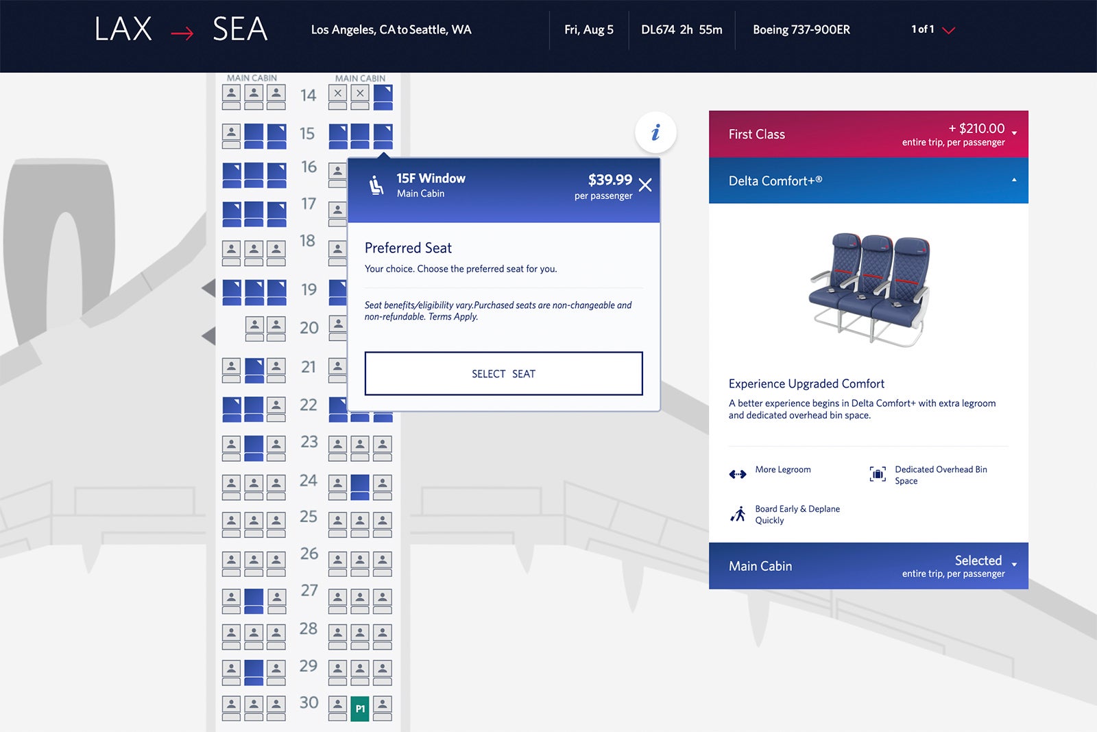 LAX to SEA flight seat map
