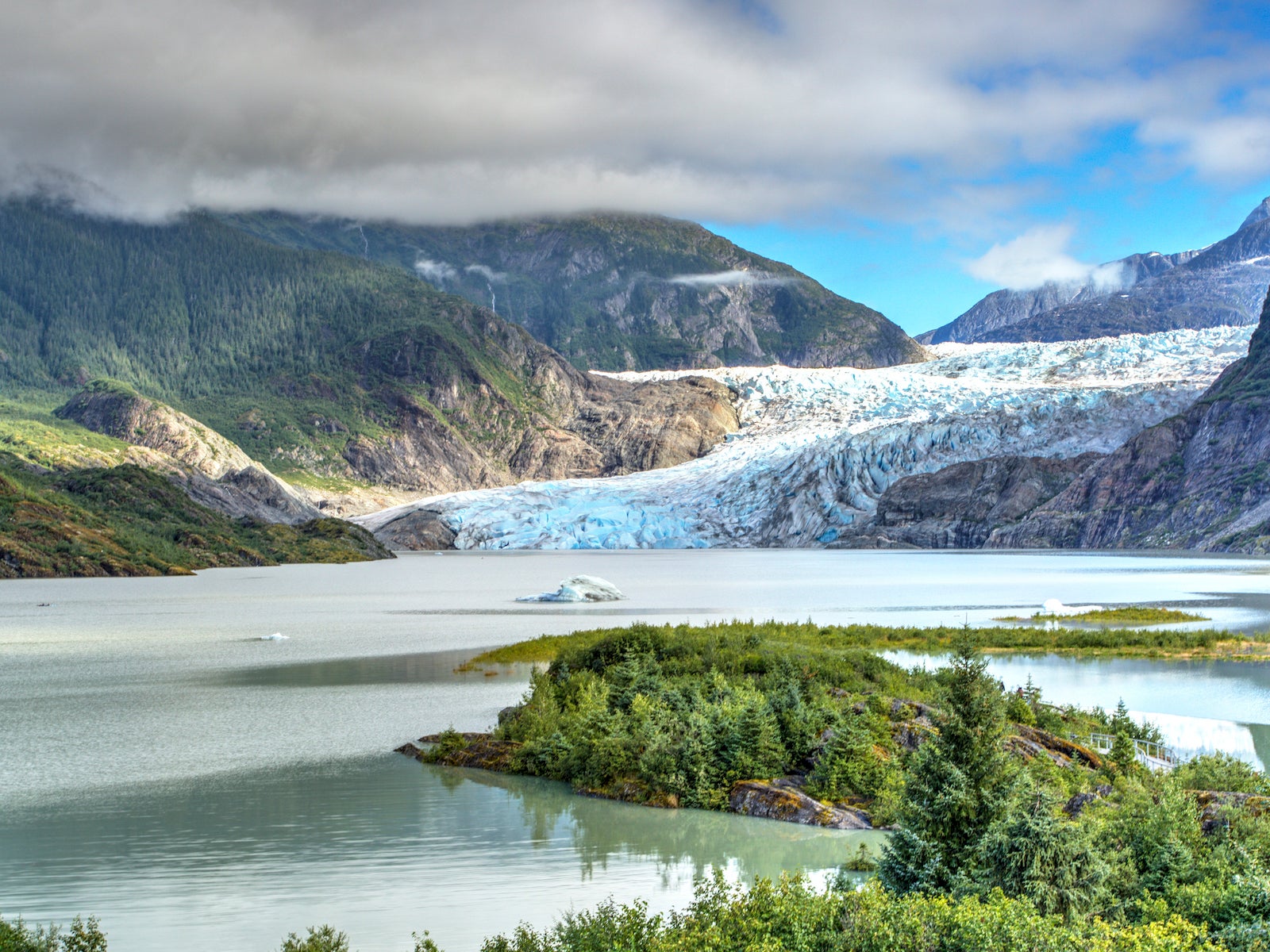 Mendenhall Glacier,Scenic view of lake by mountains against sky,Juneau,Alaska,United States,USA
