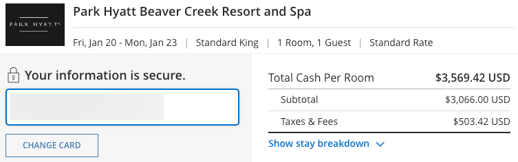 Park Hyatt Beaver Creek cash price