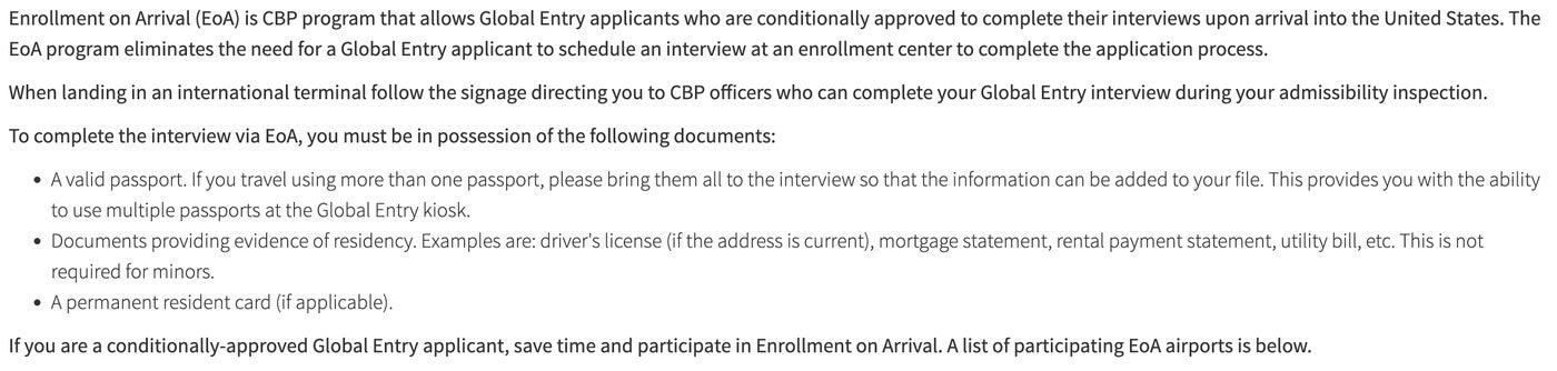 Screenshot of Global Entry Enrollment on Arrival details