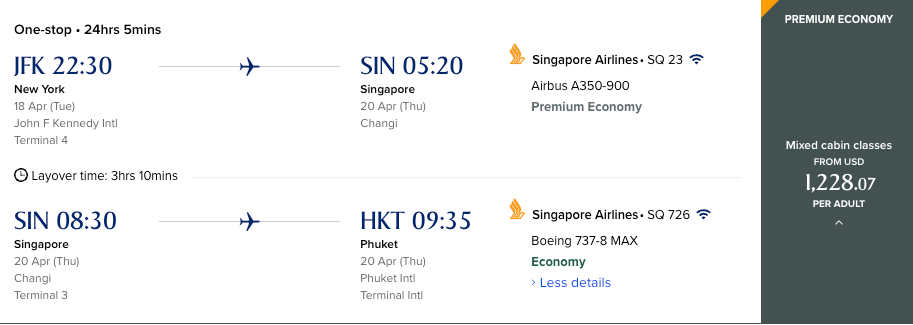 JFK to SIN to HKT flight information