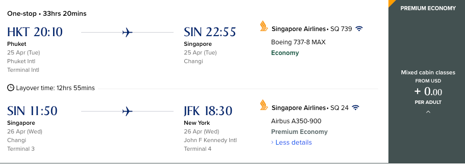 HKT to SIN to JFK flight information