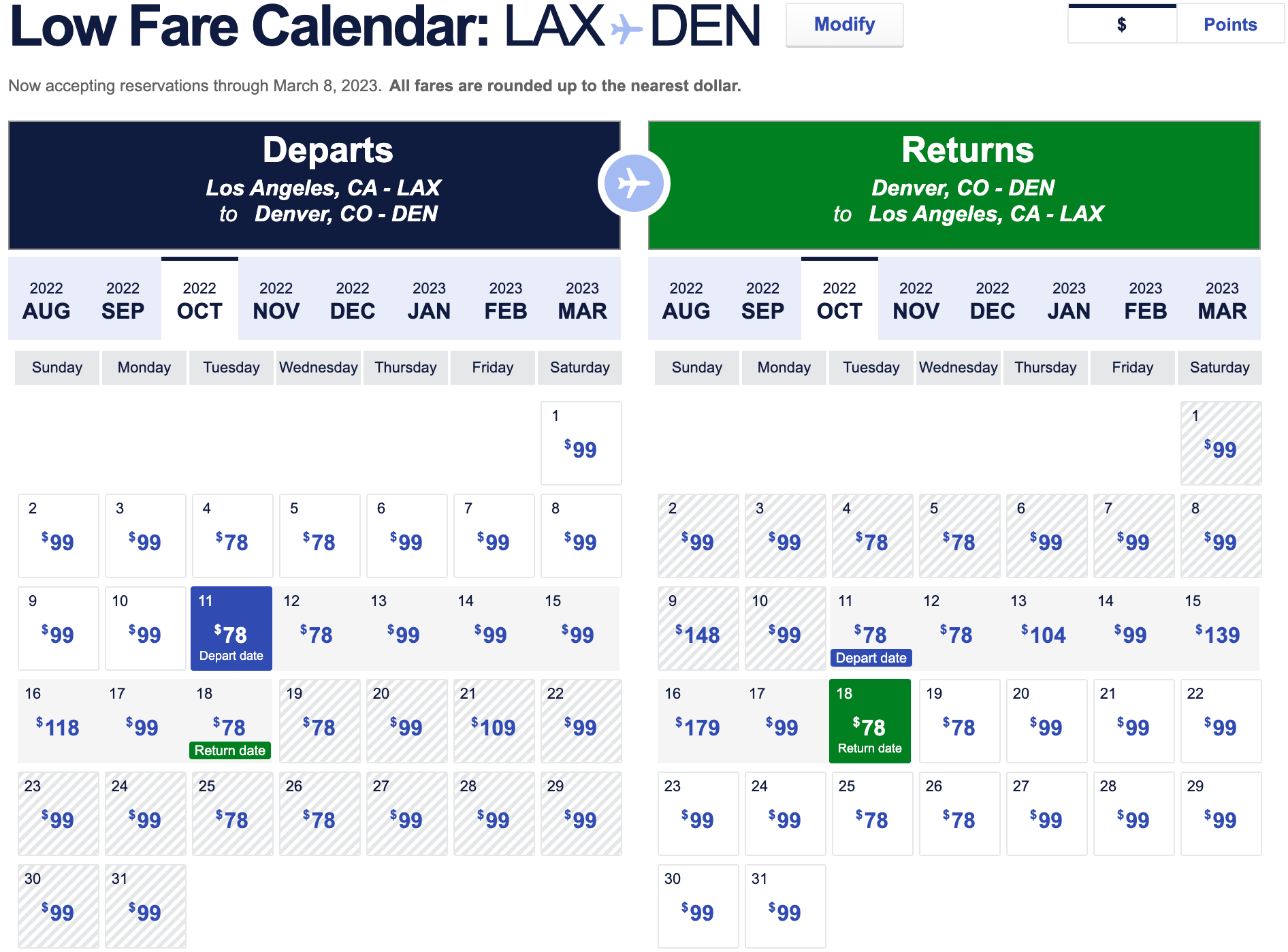 southwest airlines low fare calendar