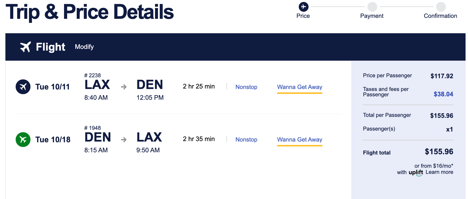 Screenshot from Southwest Airlines