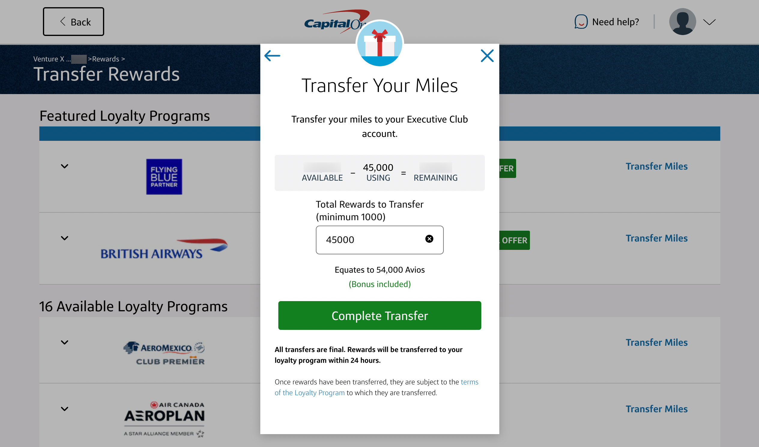 Final confirmation page for transferring Capital One miles to British Airways
