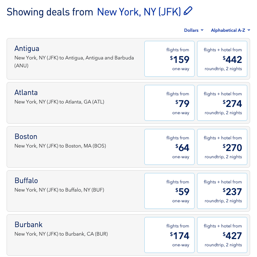 JetBlue deals from New York