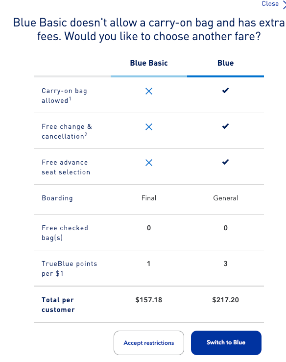 JetBlue fare type chart