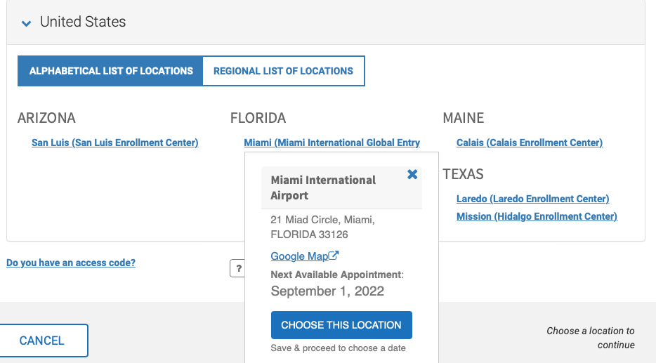 Screenshot showing interview availability for Global Entry at MIA on September 1