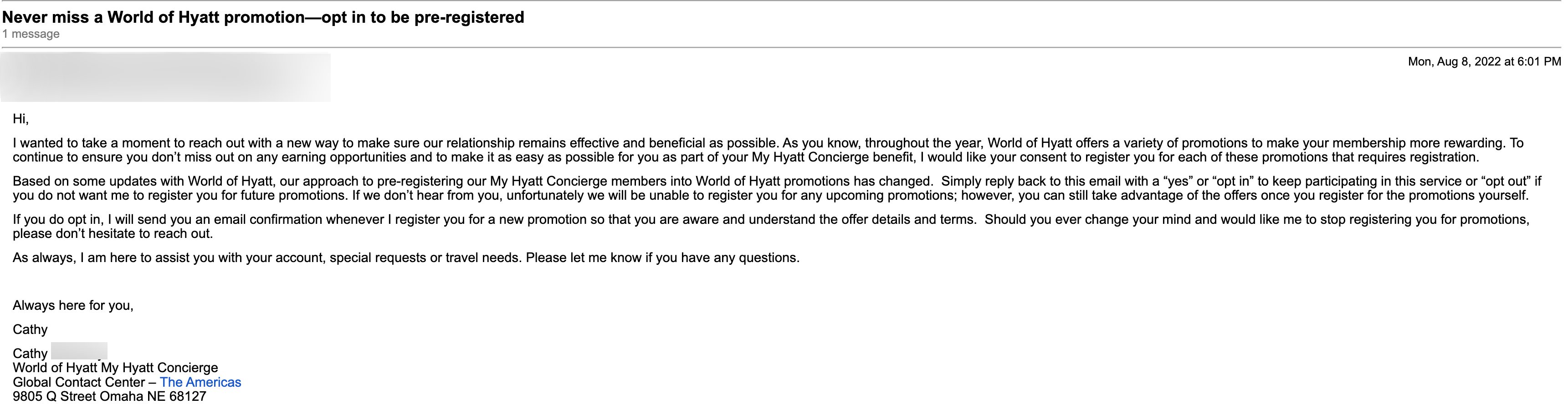 An email from Hyatt