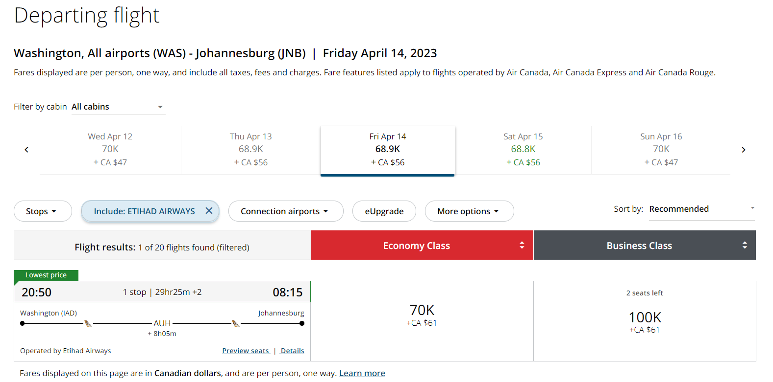 Book Etihad Business Awards through Aeroplan