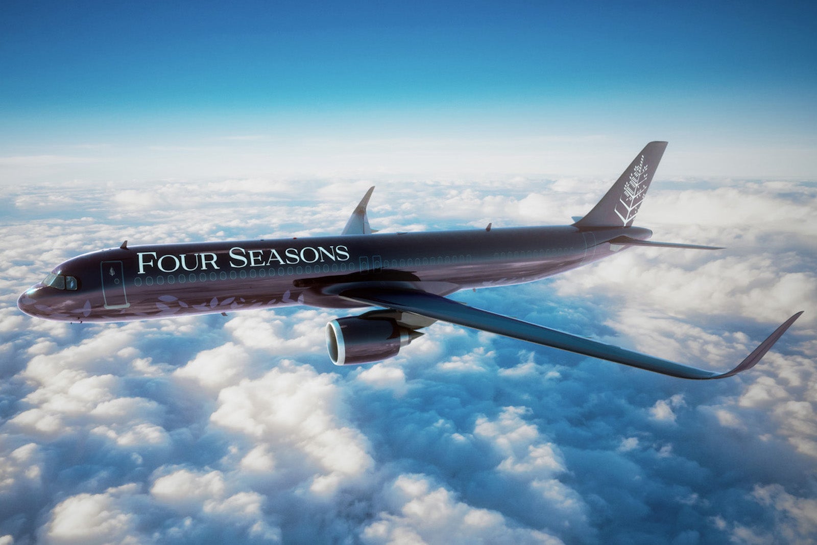 airplane with four seasons logo flying above clouds