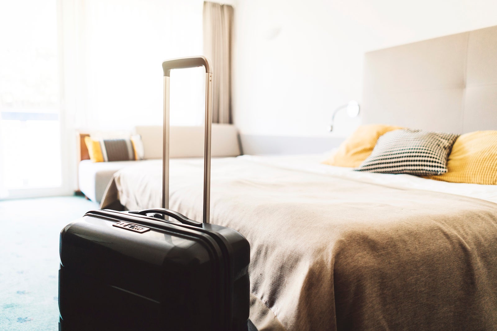 a suitcase in a hotel room