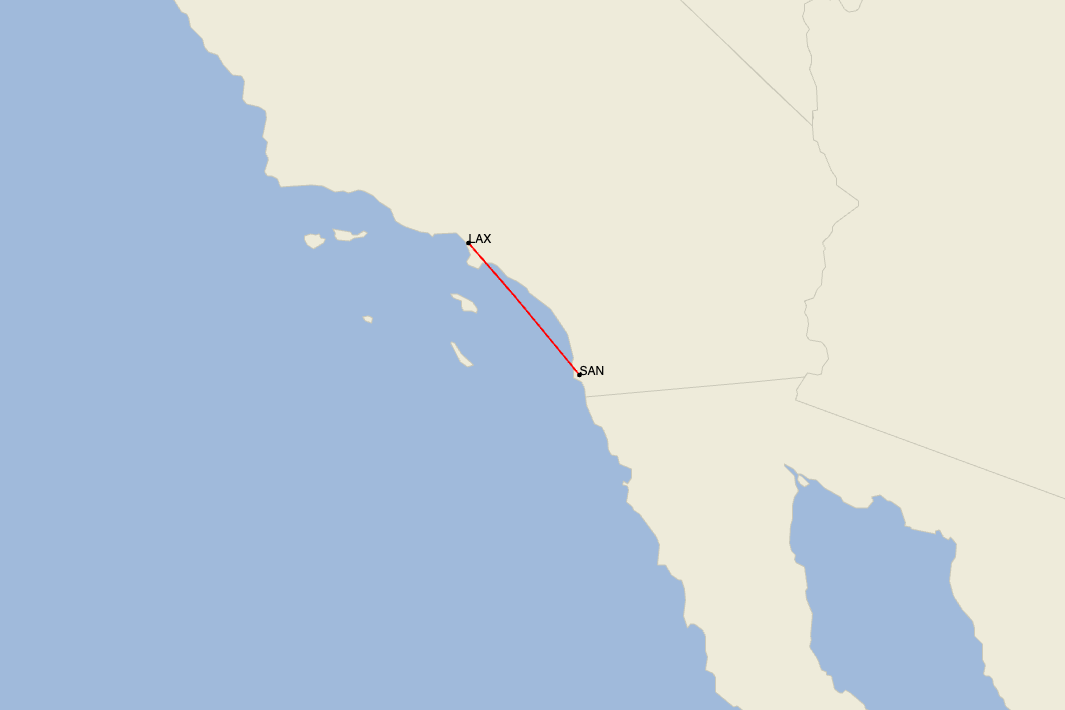 map of San Diego to LA flight route