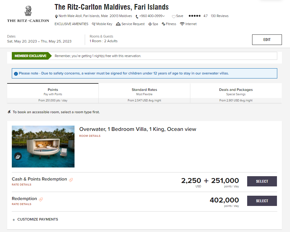 Redeeming Marriott Points for Ritz Maldives