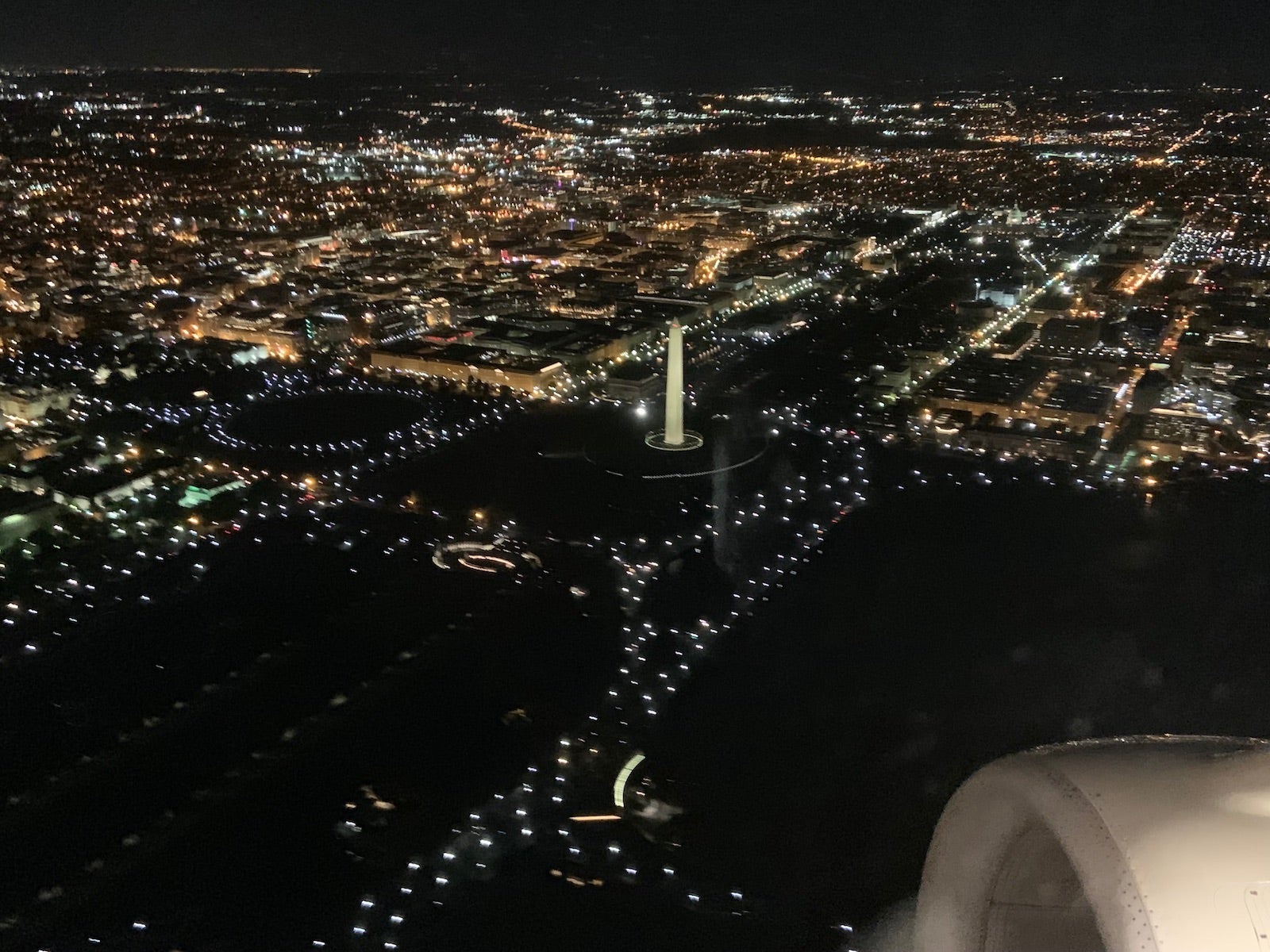 taking off dca national mall night