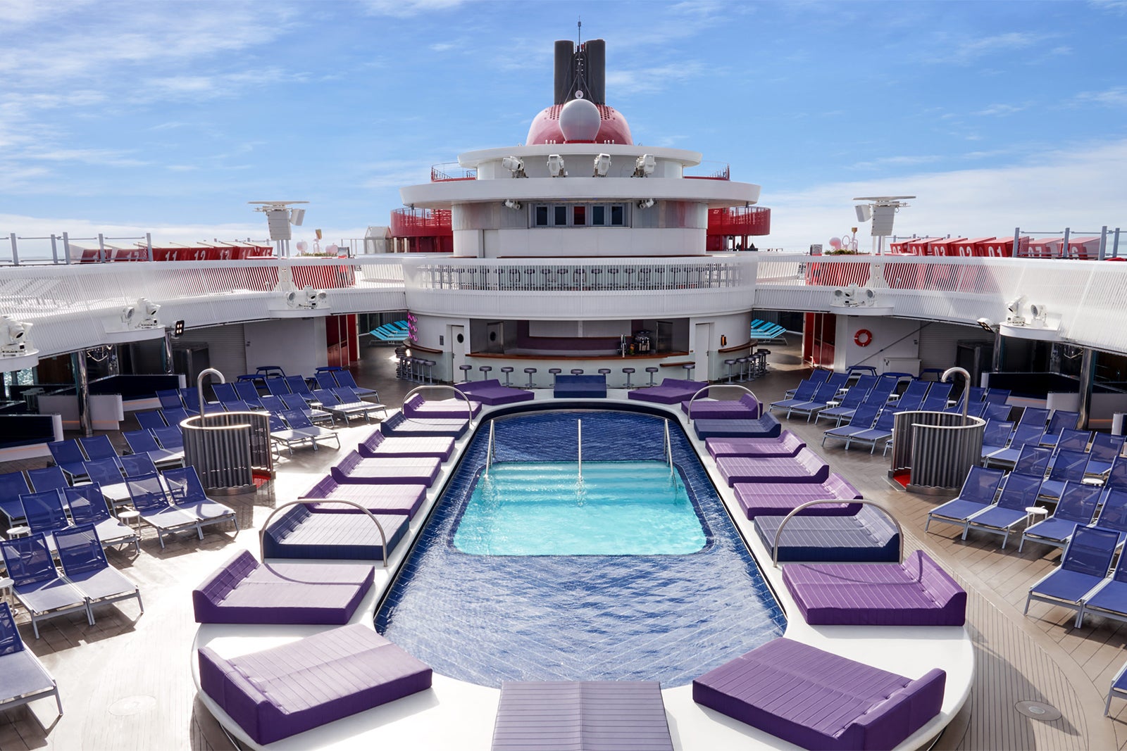 Pool deck on Virgin Voyages cruise ship