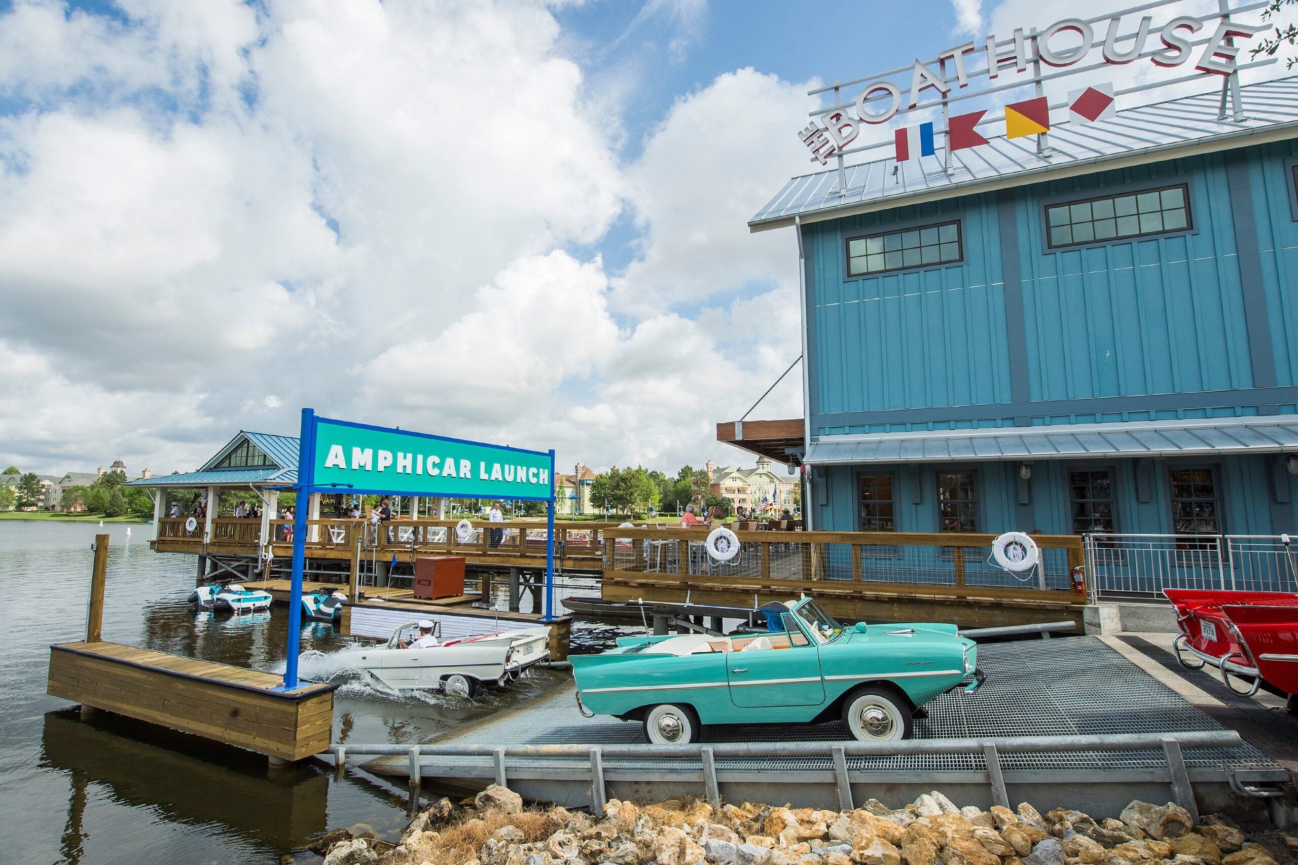 Amphicar launch near Disney's Boathouse Restaurant