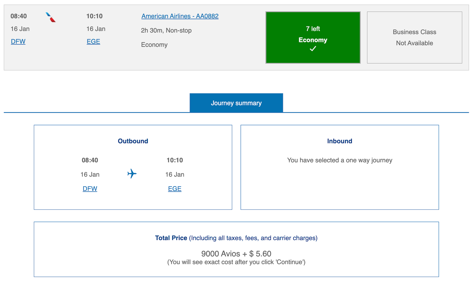 Pricing for a flight using Avios and flying on American Airlines