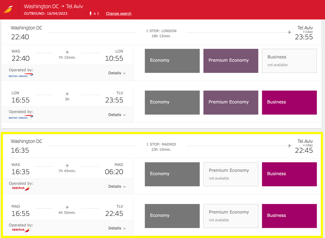 Fly to Israel for 55,250 points oneway in Iberia business class The