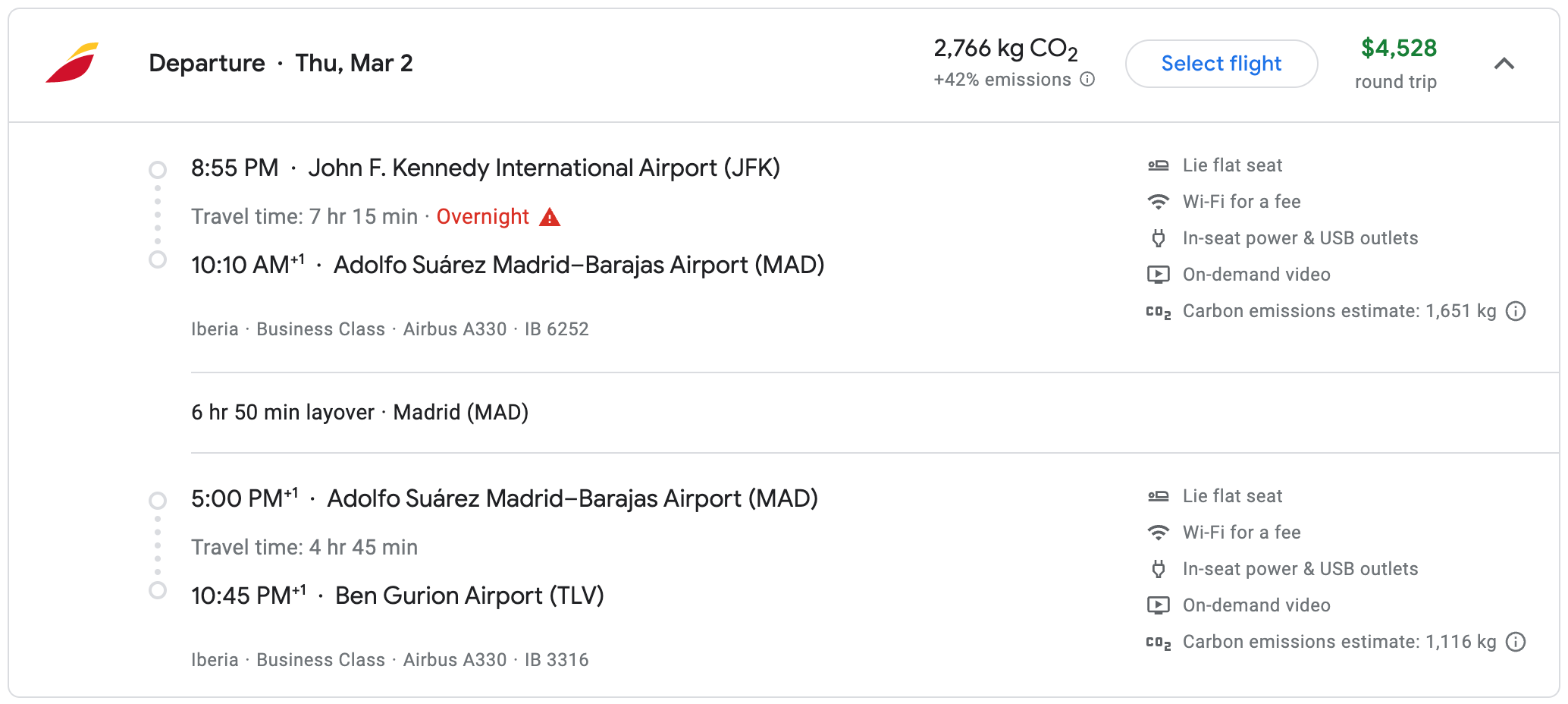Iberia flight from JFK to TLV in Google Docs