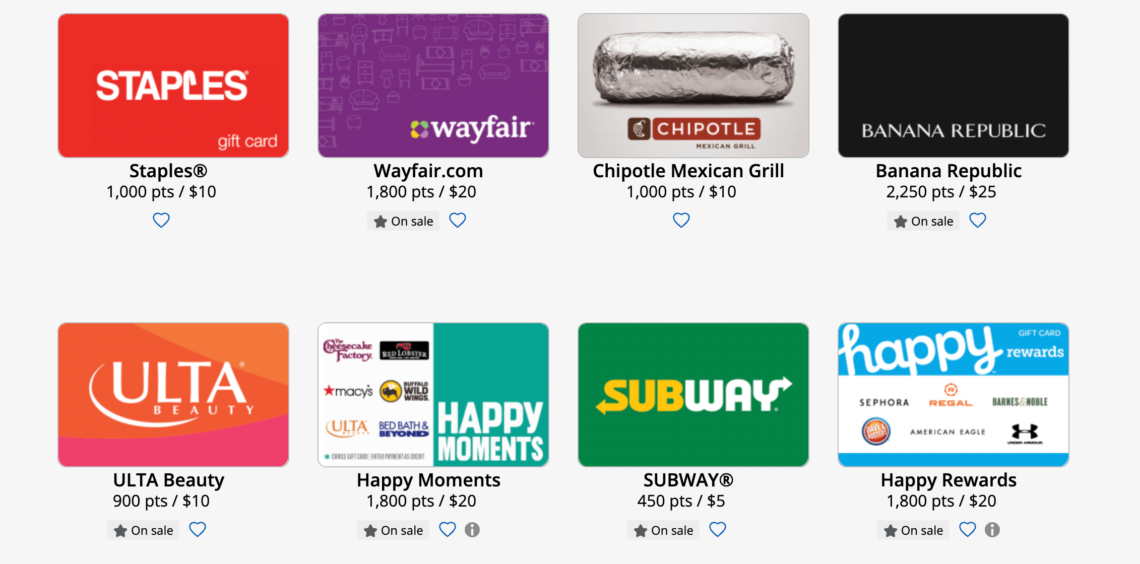Examples, value of gift cards using Chase Ultimate Rewards points.