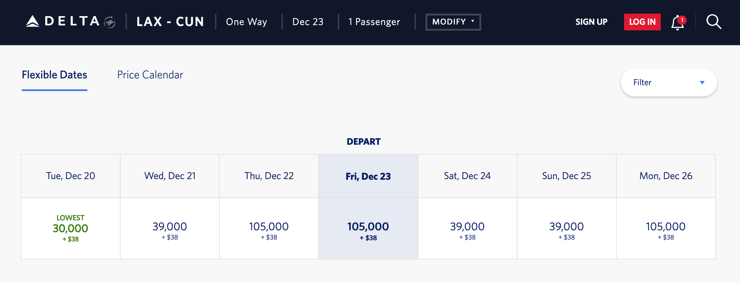 Delta award flight prices from Los Angeles to Cancun
