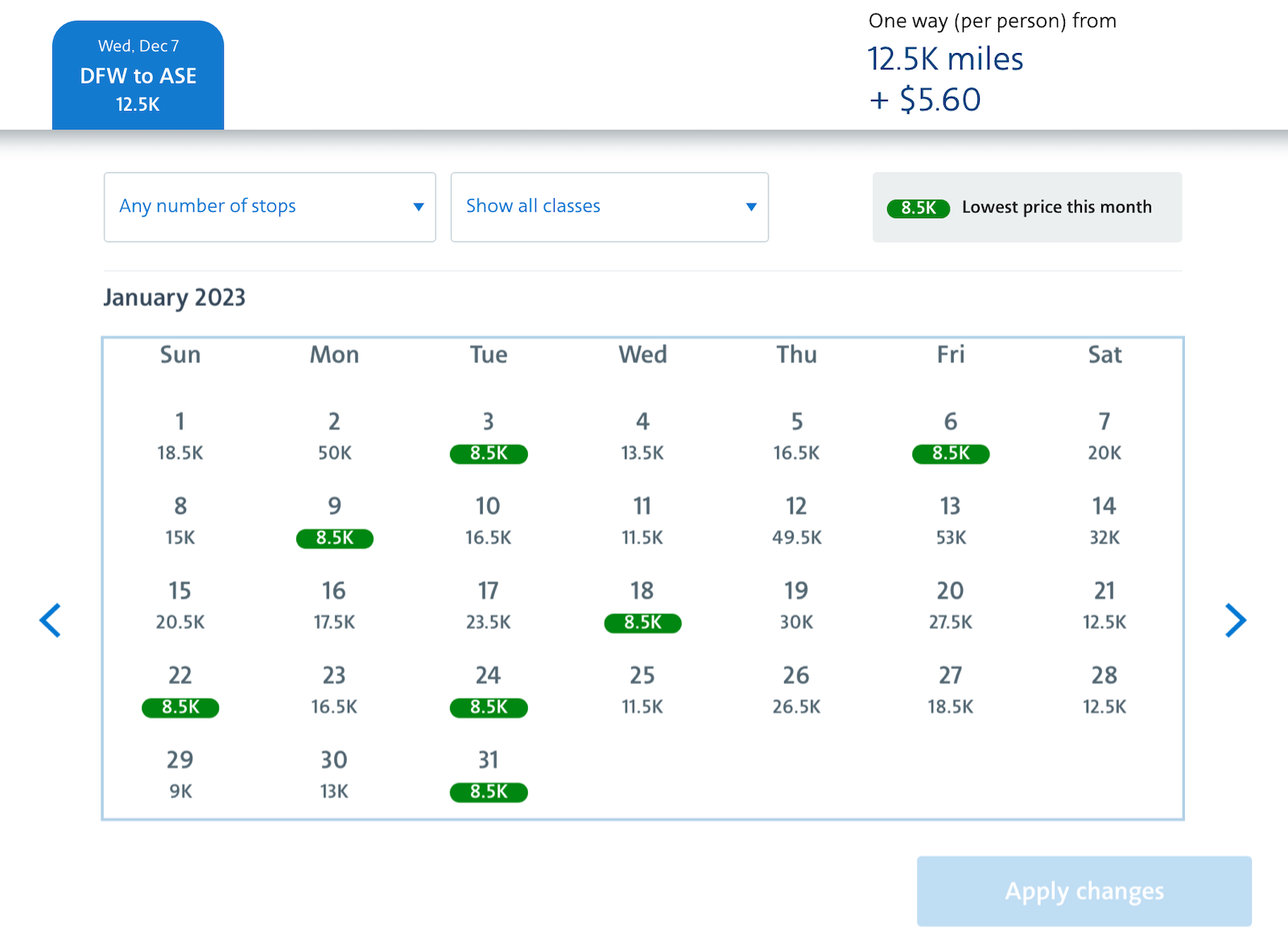 calendar of lowest fares to Aspen from Dallas-Fort Worth using miles