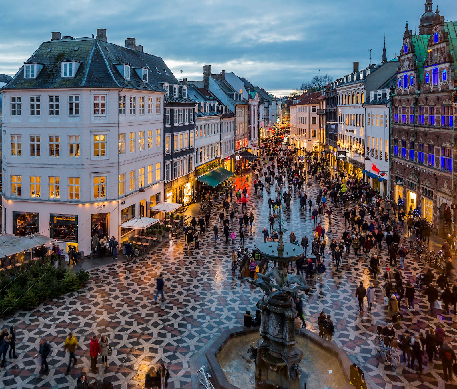 Amagertorv (Amager Square), the Stork Fountain and Str√∏get street, the main shopping street in Copenhagen