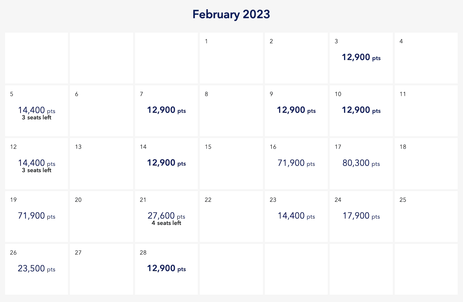 calendar search showing points pricing on JetBlue flights