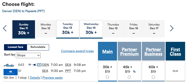 DEN to PPT award ticket on Alaska Airlines website