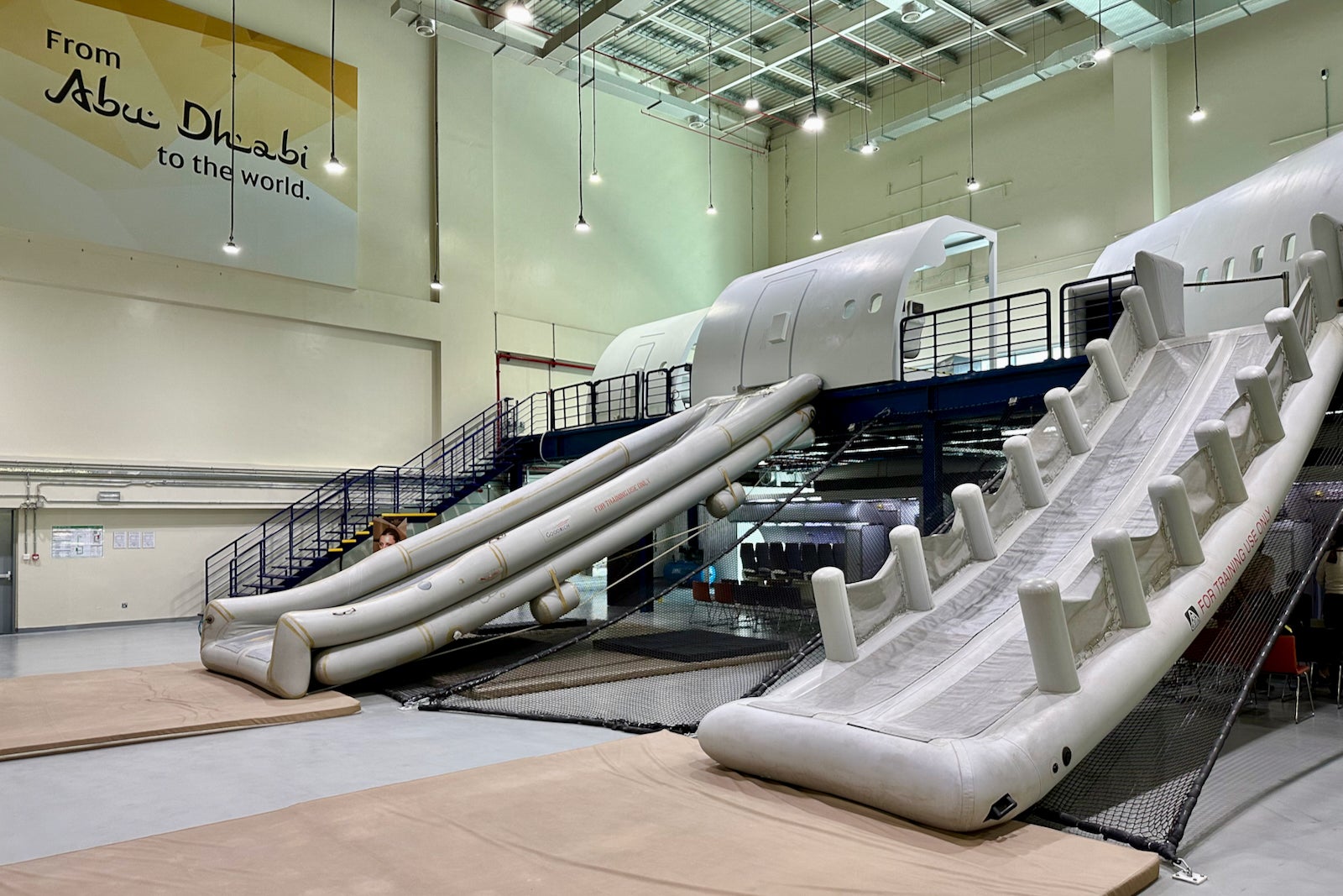 Inflatable exit stairs at Etihad flight attendant training center