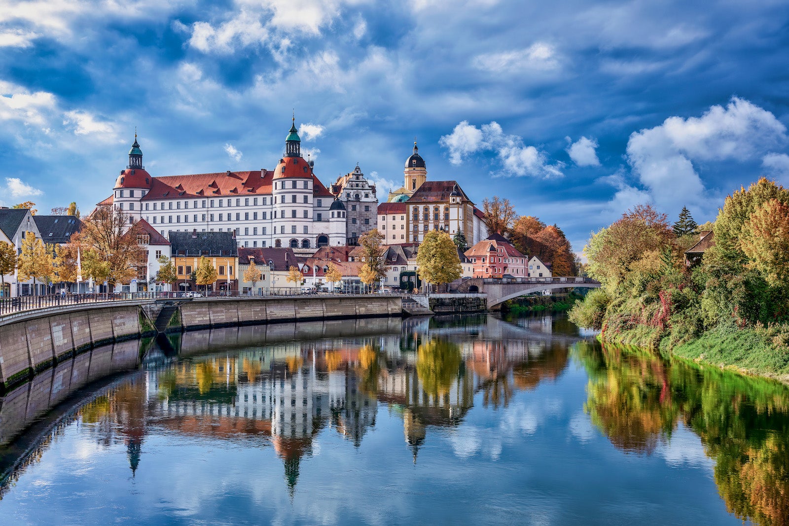Old town with trees in autumn colors, Neuburg an der Donau, Bavaria, Germany