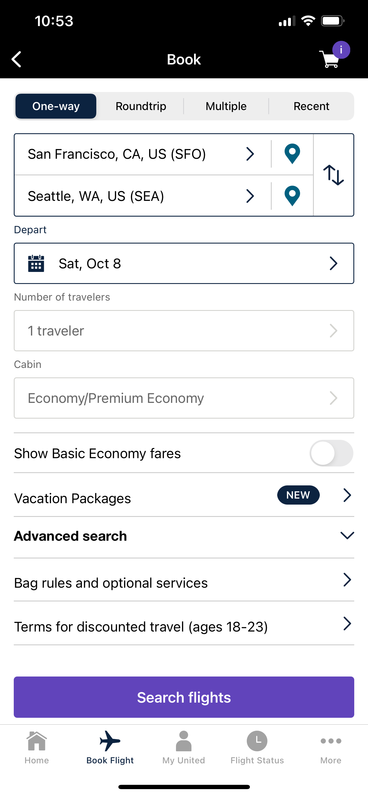 Searching for a flight using the United young traveler discount